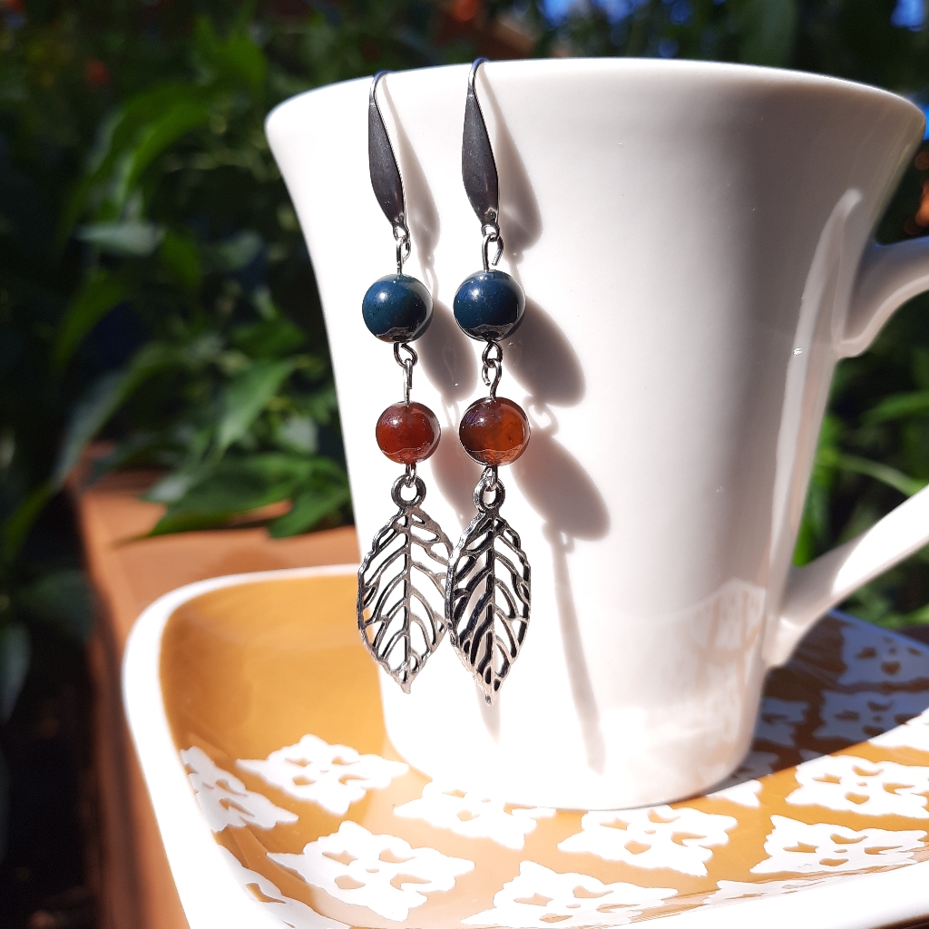 Leaf Moss Coffee Striped Agate Stone Earrings 18$
